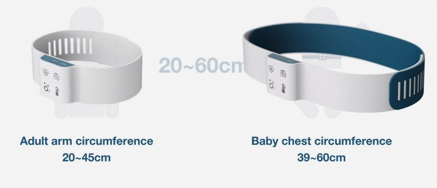 Two vital monitoring devices sized to fit an adult arm and a baby's chest 