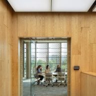 Wood-panelled walls in a meeting room