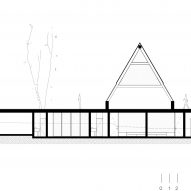A section drawing of an A-Frame house on top of a rectangular structure