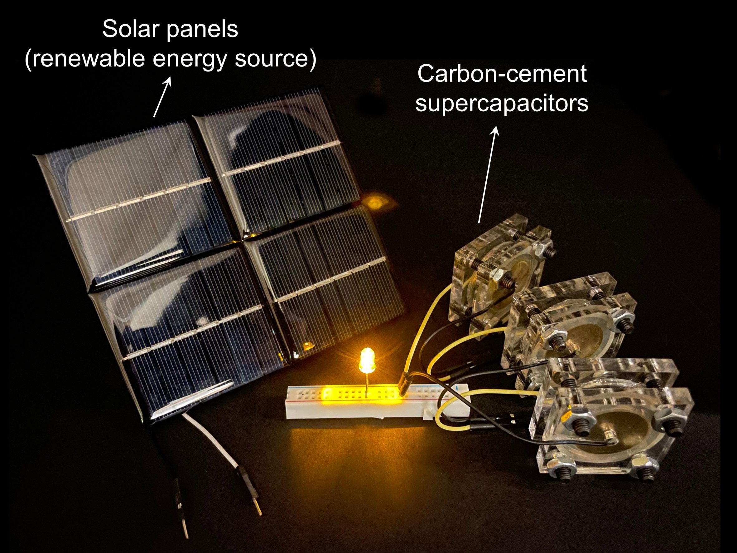 Photo of cement and carbon black supercapacitor by MIT researchers