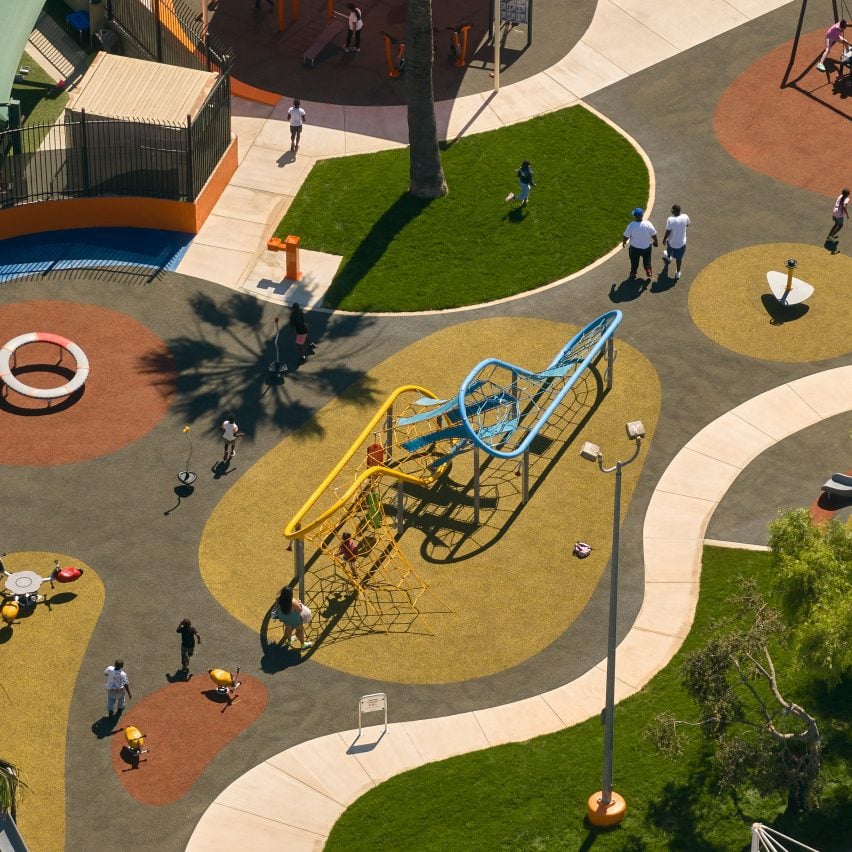 Watts playground with colourful surfaces from above