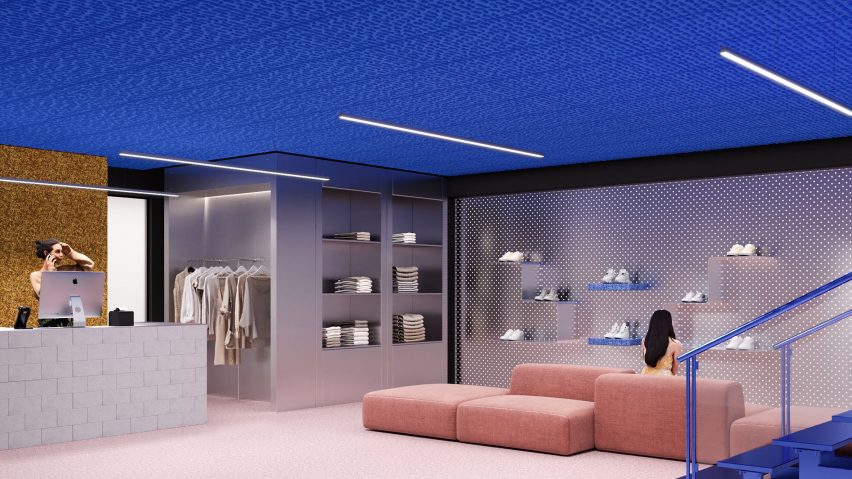 Commercial interior with blue sound absorbing ceiling panels