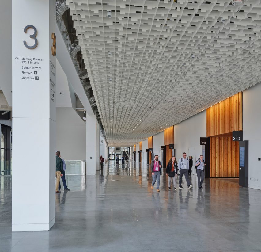 A textured ceiling made of perforated metald