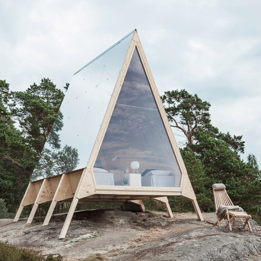 Nolla A-frame wooden cabin with mirrored exterior