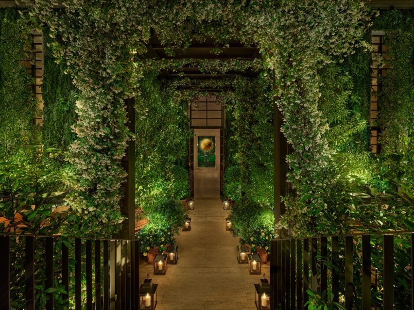 Bronze pergola covered in jasmine through plant-filled courtyard