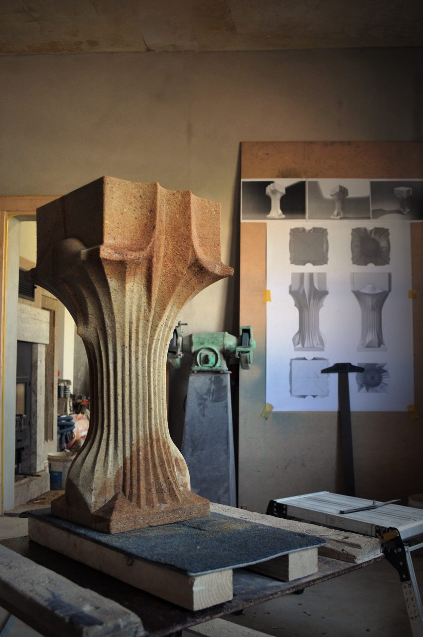 Hand-carved AI-designed stone column