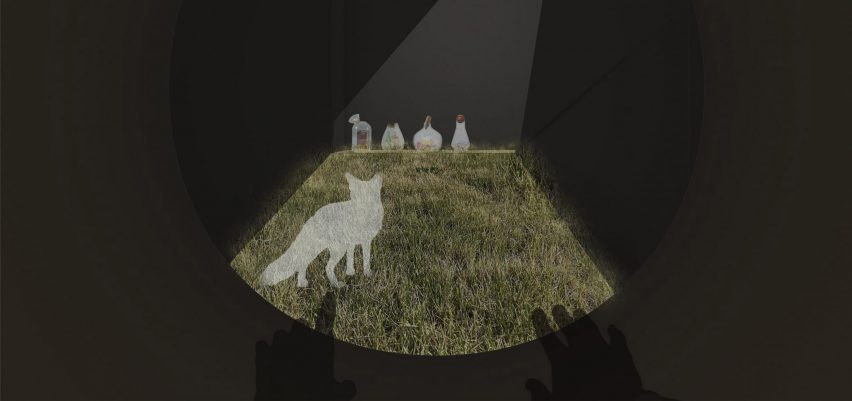Visualisation from the perspective of a fox of an interactive installation 