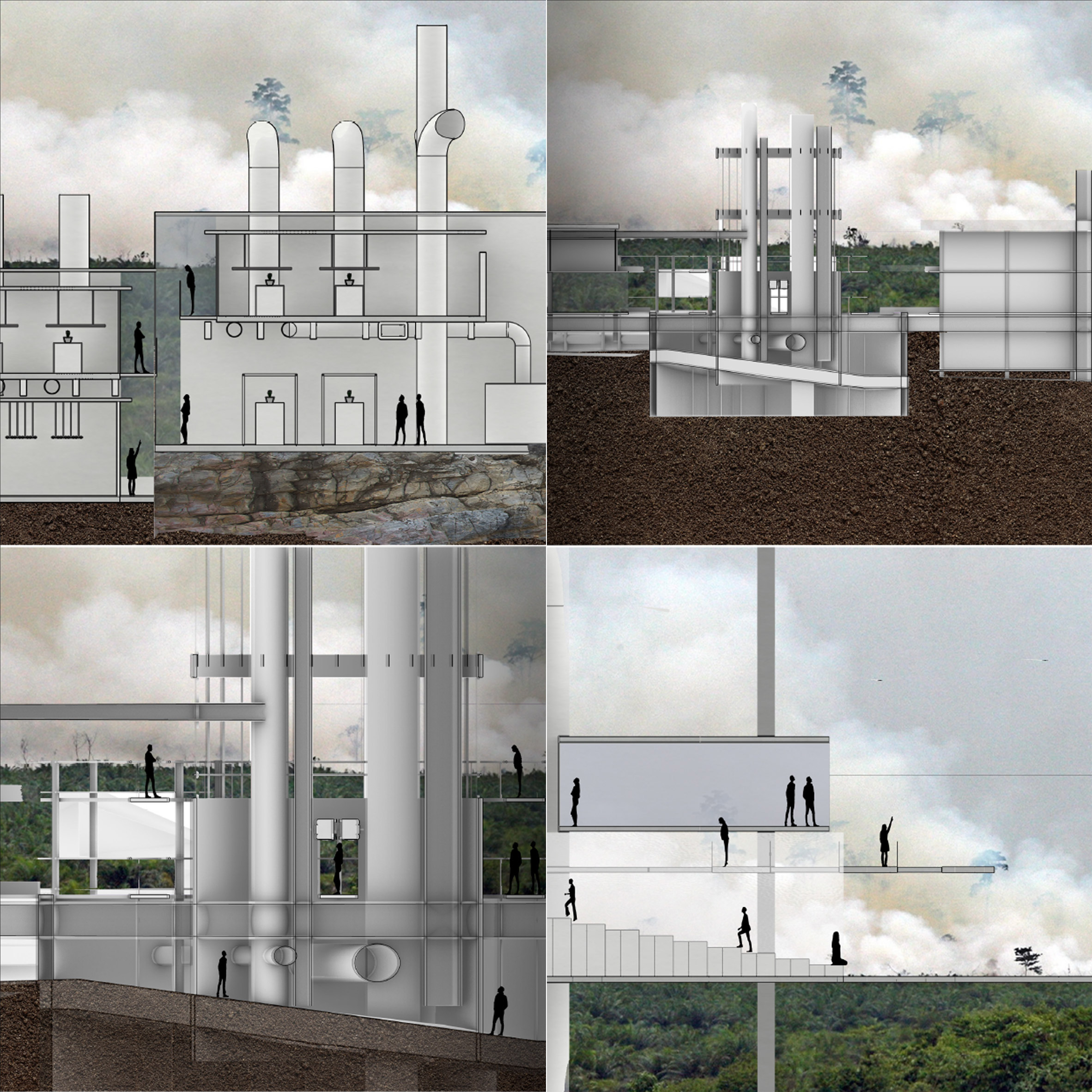Architectural drawings and rendering of forest preservation building