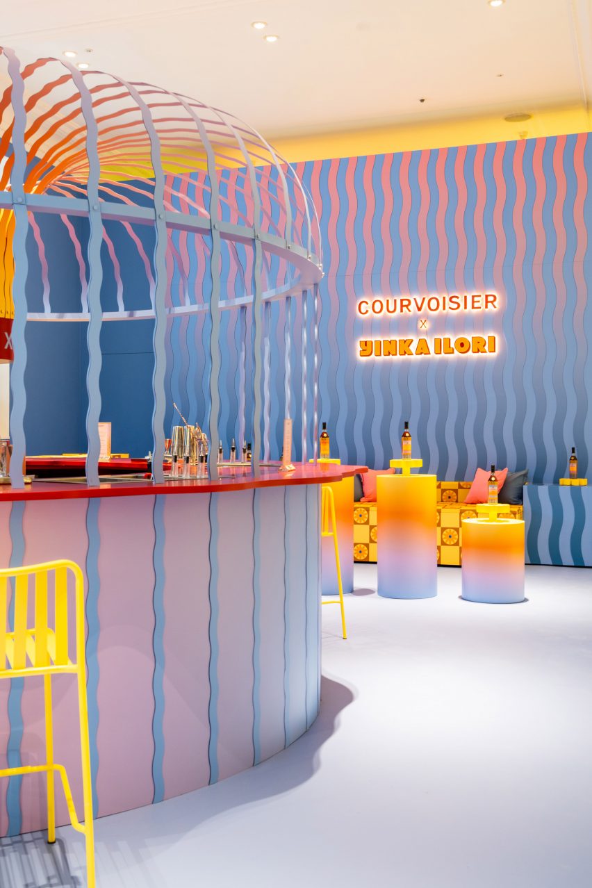 Bar and seating area in Courvoisier pop-up bar at Selfridges designed by Yinka Ilori