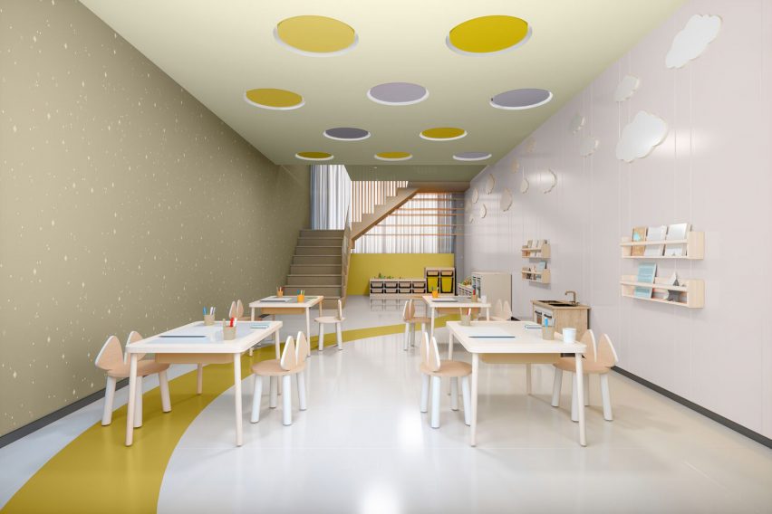Classroom with yellow walls