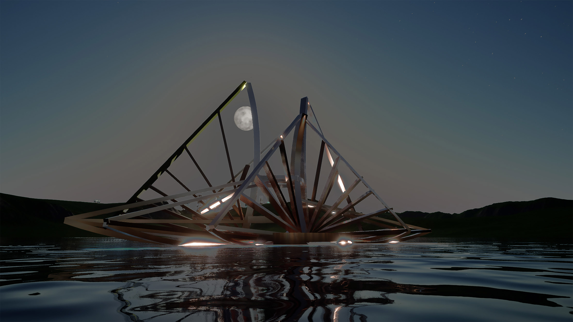 Render of a lotus-shaped stadium