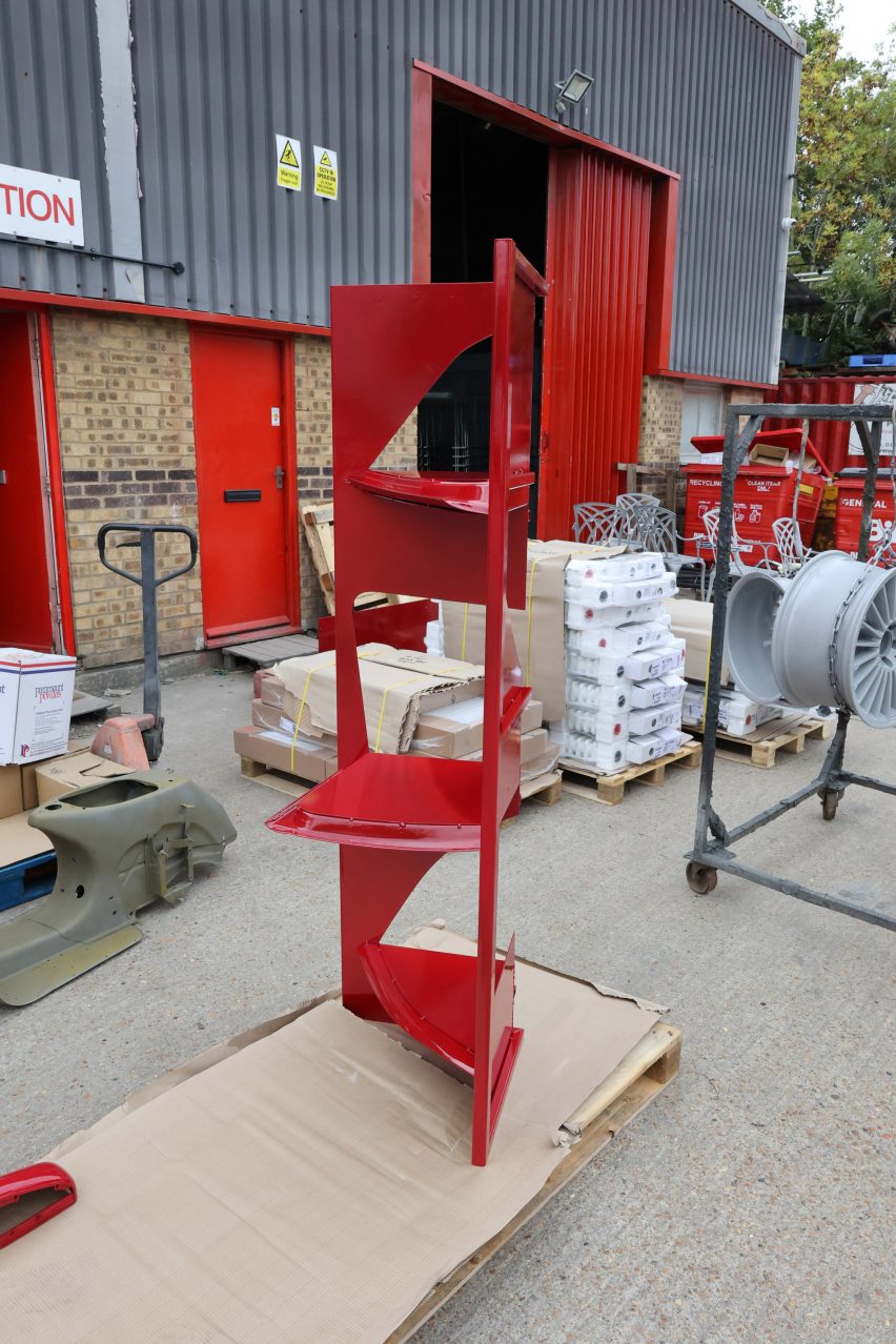 Red shelf made from car components for Part Exchange project by Andu Masebo for V&A x LDF