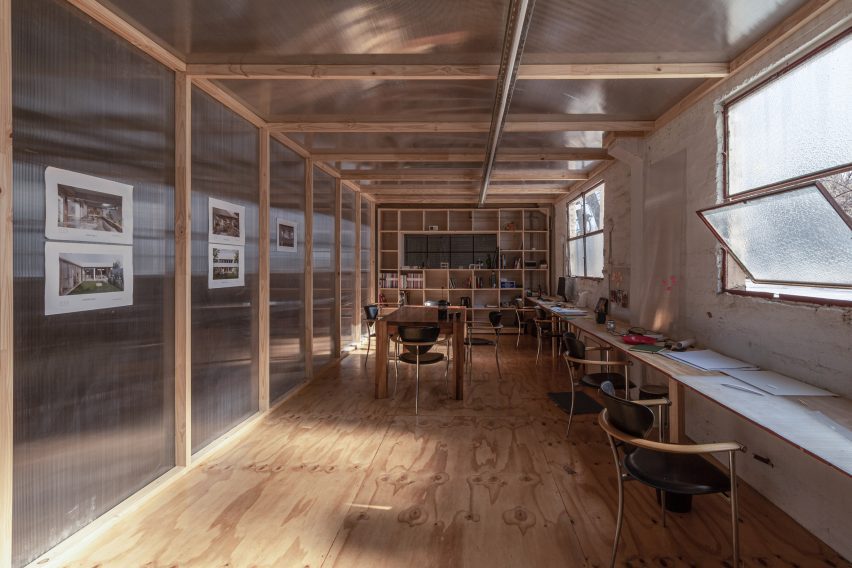 Wooden office with polycarbonate walls