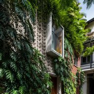 Perforated cement block facade covered in plants with an oriel window