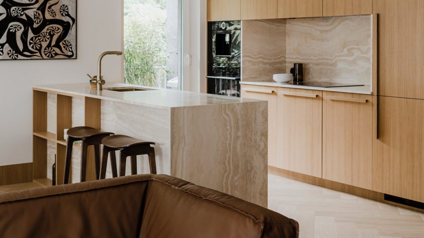Kitchen island with a waterfall edge
