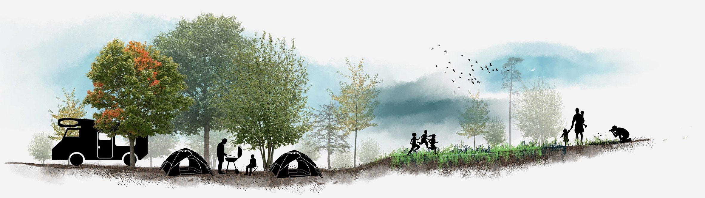 Visualisation of a campground with figures engaging in acitivities