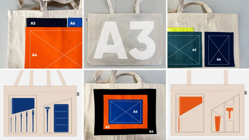 Photo collage of tote bags by Pentagram