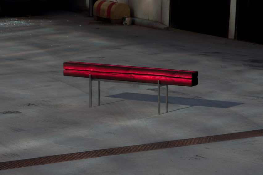Hot pink timber bench with steel legs
