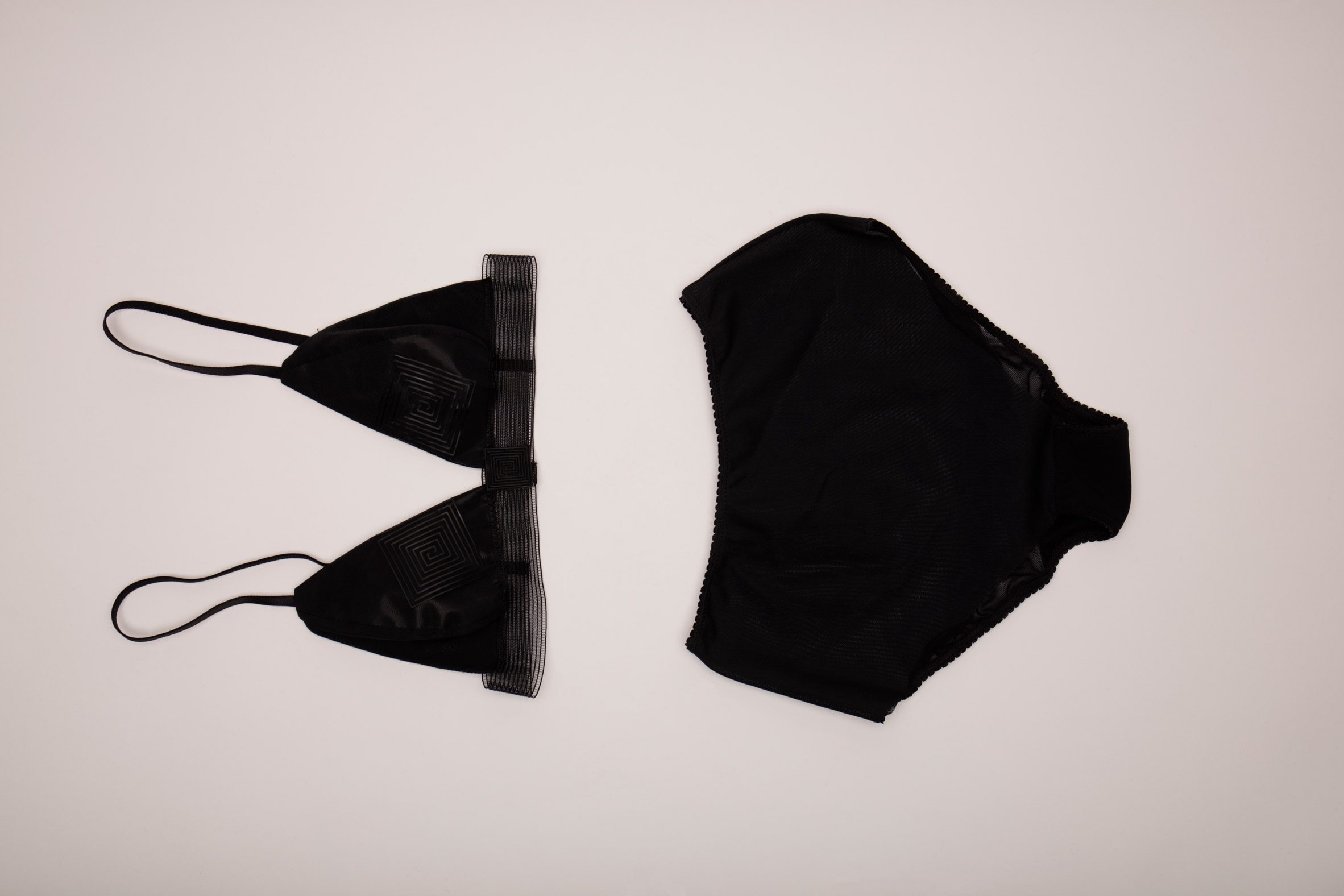 Flatlay photo of a set of minimal black lingerie