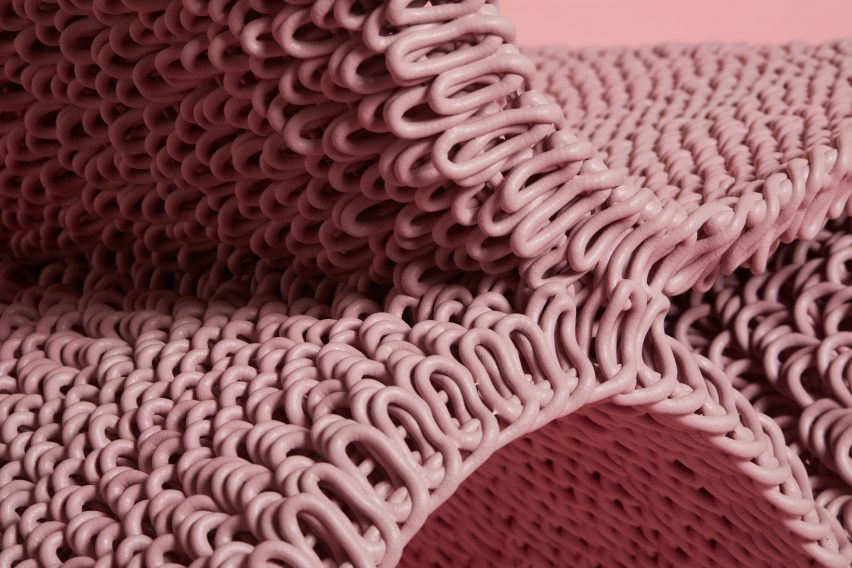 Close-up photo of a detail of the Loopy chair by Gareth Neal and The New Raw, showing looped pattern to the plastic construction