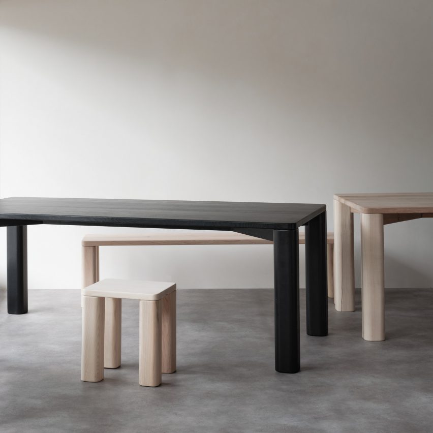 Natural and black wooden dining table, benches and stools