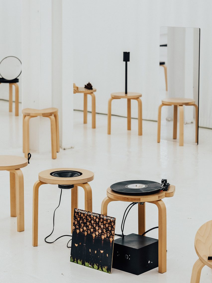 Stools transformed into a vinyl record player and a speaker