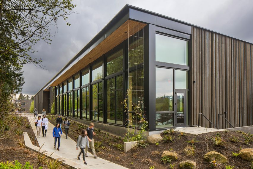 Sports centre with glazed and timber facades at Oregon Episcopal School by Hacker Architects