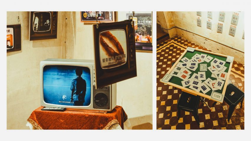 Collage of images of television screen and card table