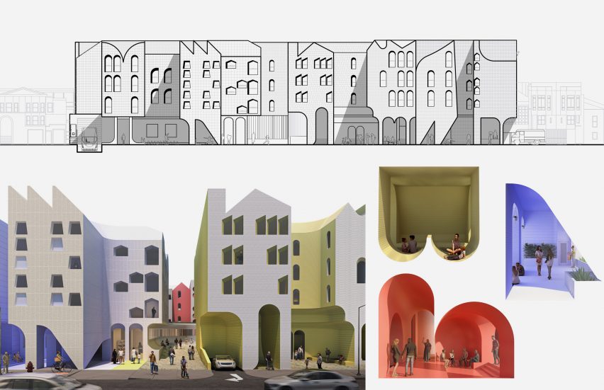 Elevation drawing and renderings of a social hub within a collective living facility