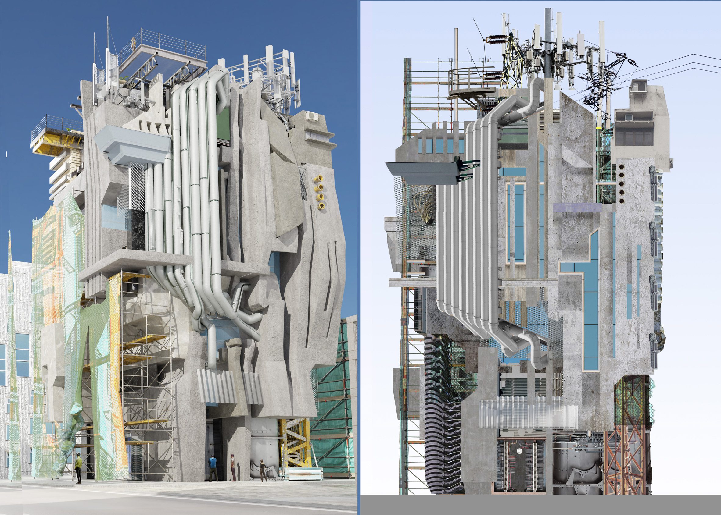 Renderings of a building that explores the relationship between tectonics and textile production
