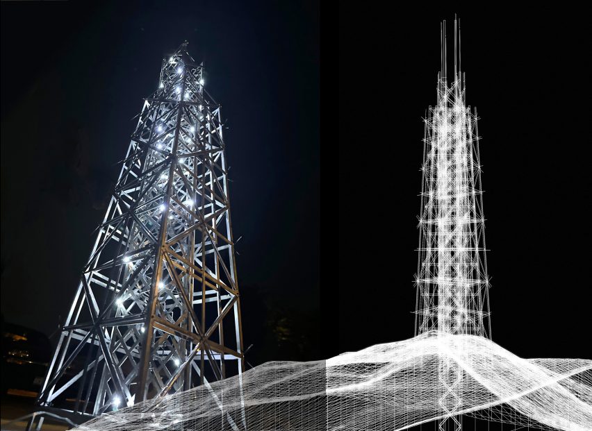 Renderings of an observation tower made up of three truss towers