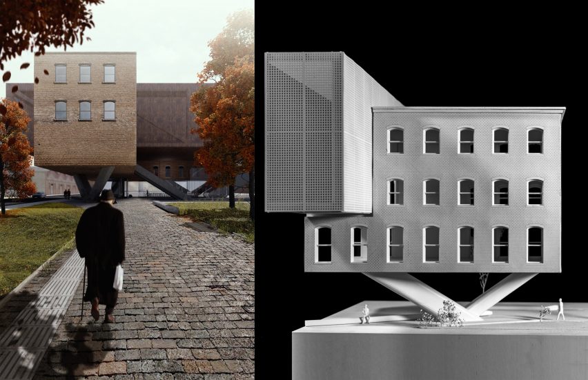 Visualization and architectural model of a new structure integrated into an existing building