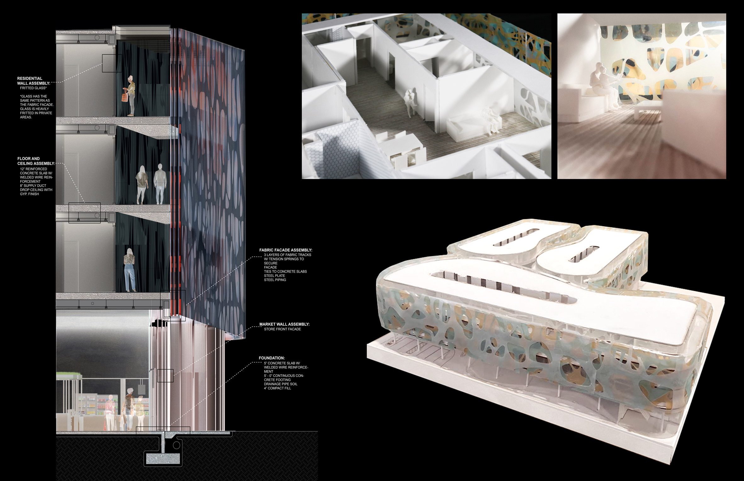 Board showing architectural model, rendering and descriptive text of a mixed-use building that was inspired by a kaleidoscope 