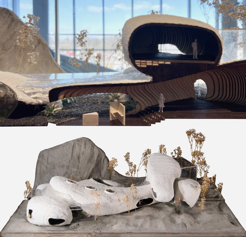 Architectural model of a building that is reminiscent of vivarium plants and geodes