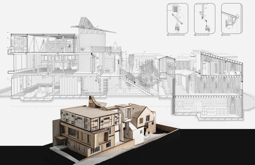 An architectural drawing and model of a building made from a combination of different contemporary architectural details