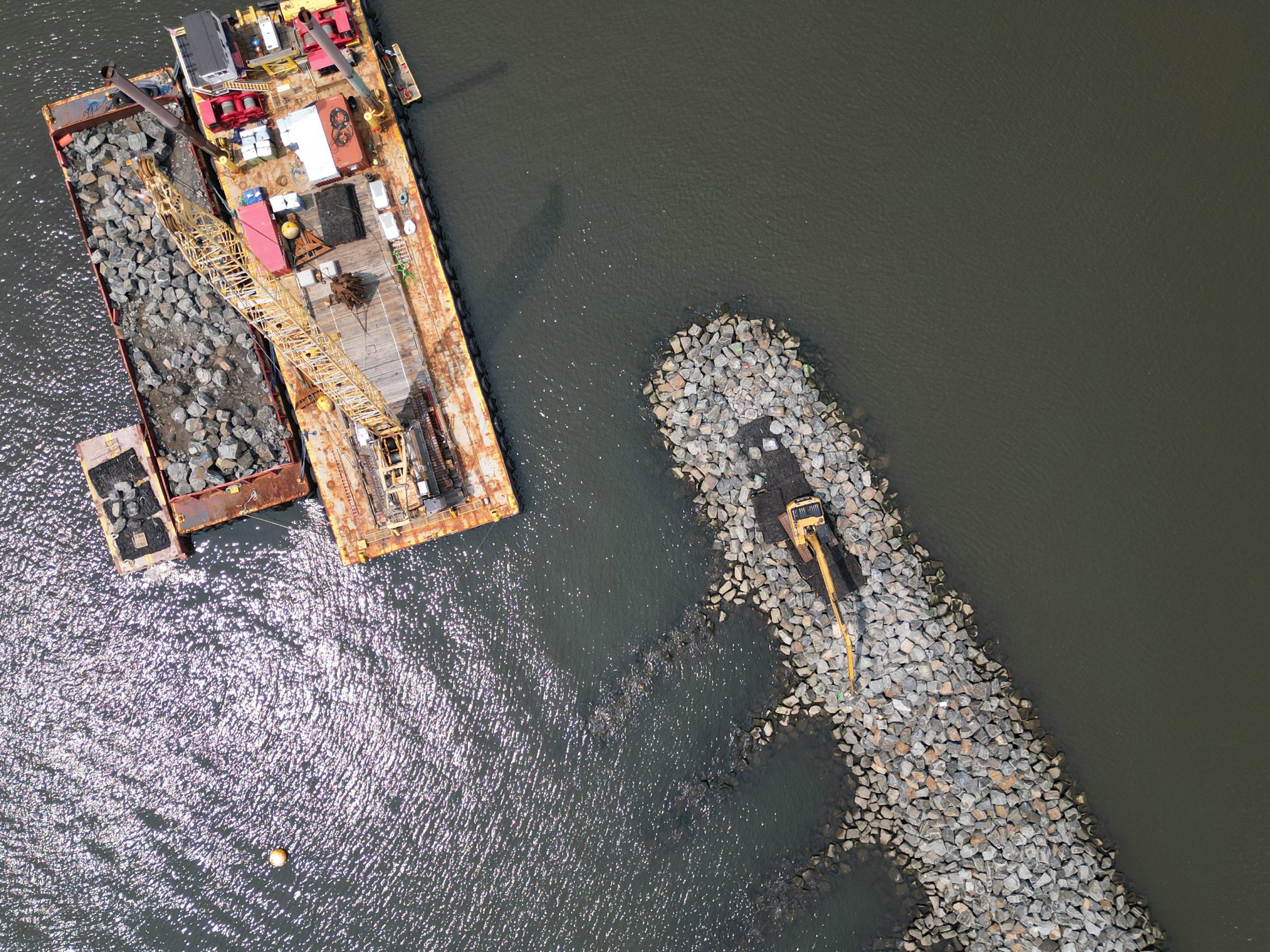 Aerial view of Living Breakwaters coastal system in New York City