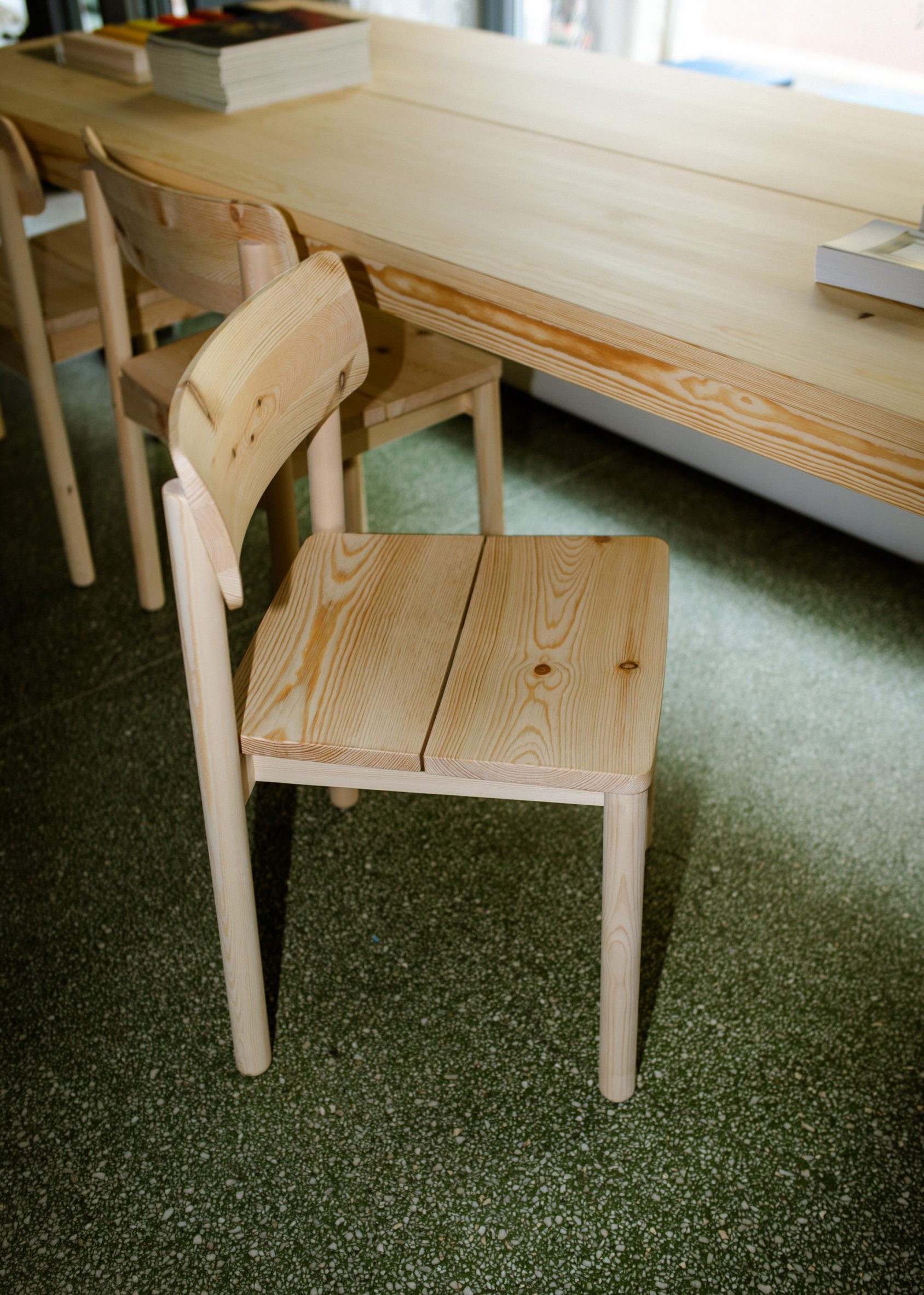 Minus Chair and Table with natural wood finish at exhibition in Oslo for Designers' Saturday