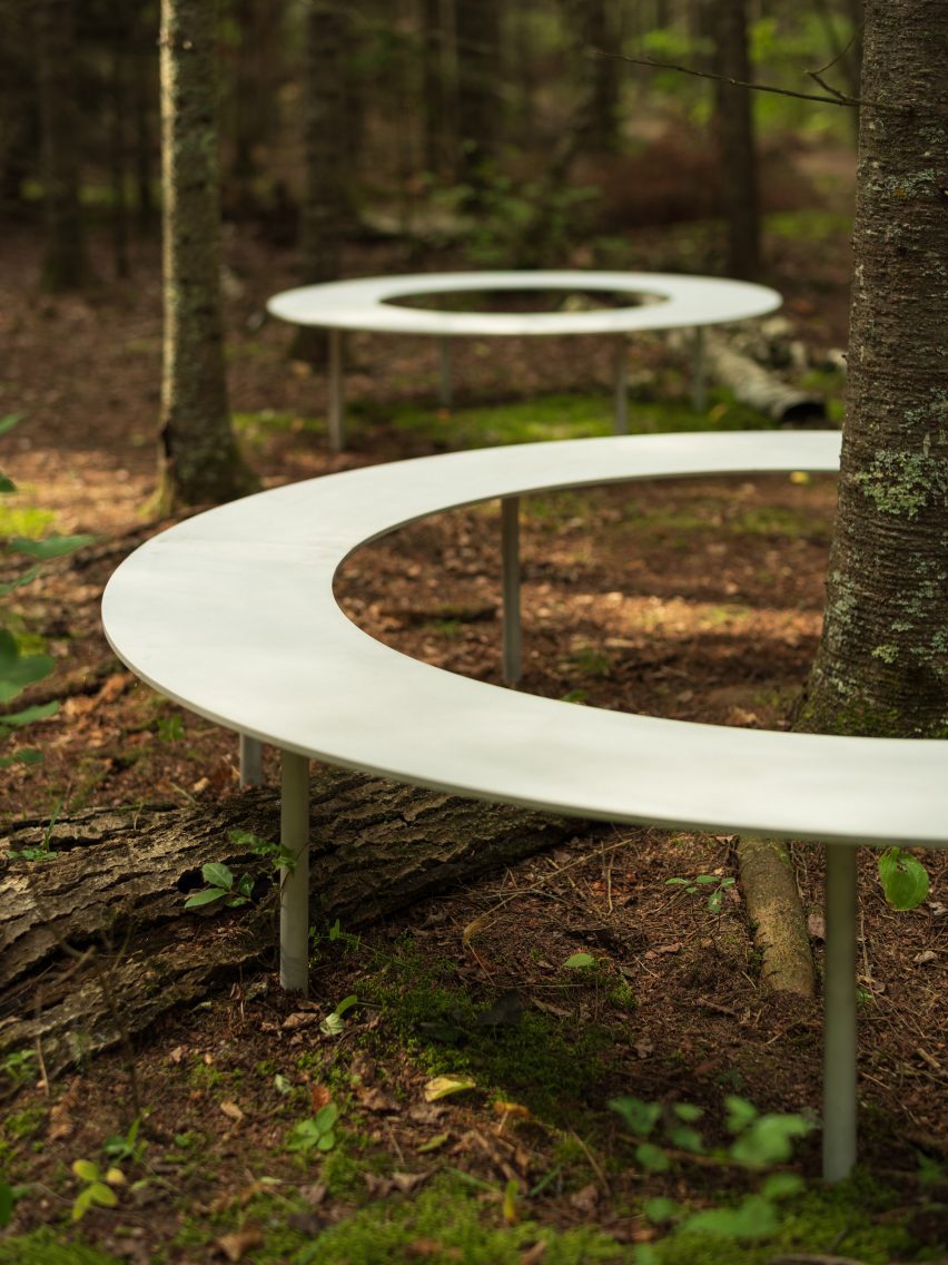 Two circular benches sitting close to one another in a forest