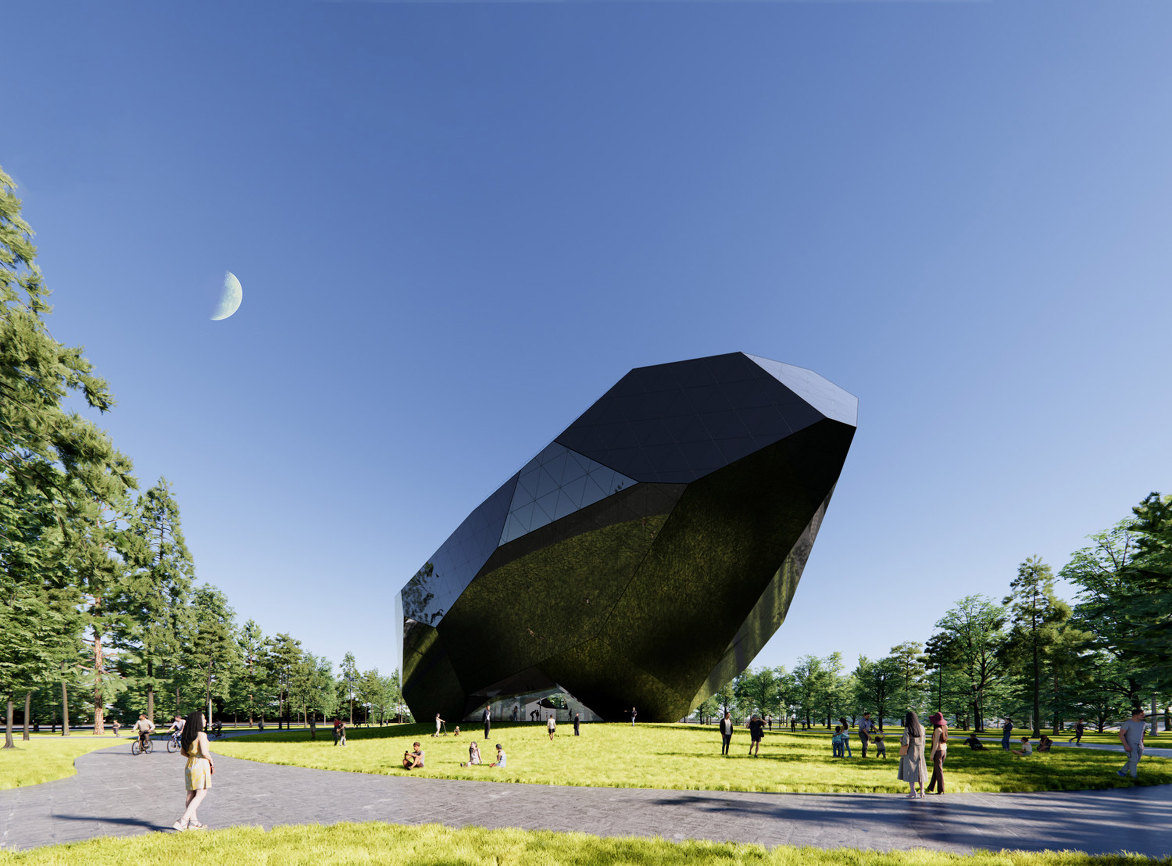 Faceted black Space Crystal museum by Open Architecture