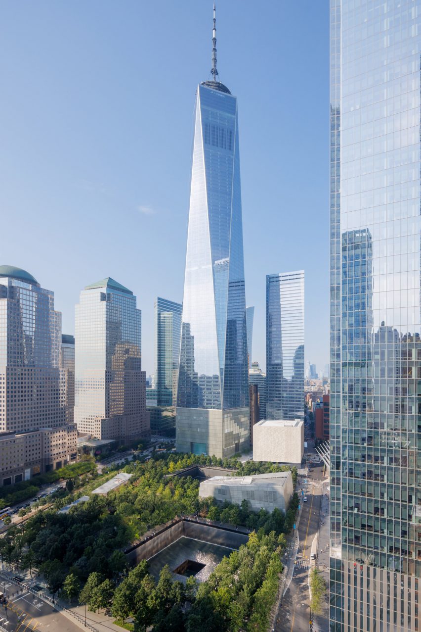 View of Perelman Performing Arts Center with Freedom Tower full height
