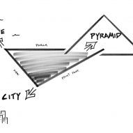 A geometric sketch of a the expansion to the Rock and Roll Hall of Fame that shows two interlocking triangles
