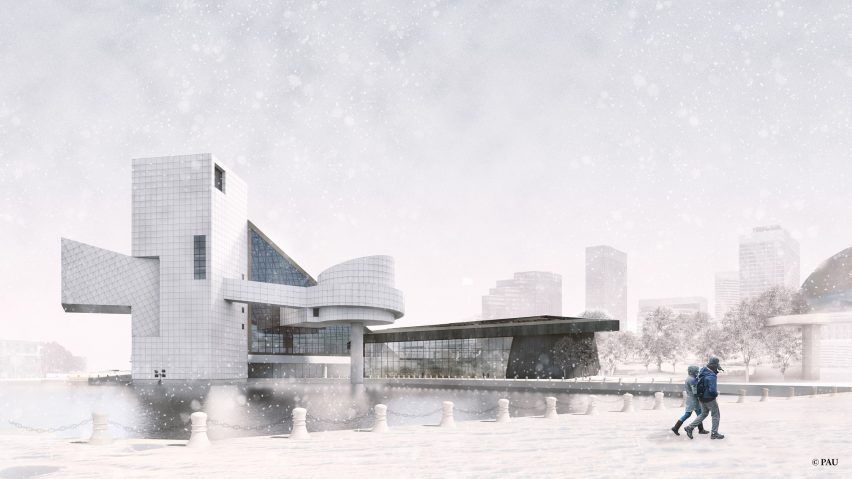 A rendering of the Rock and Roll Hall of Fame in the snow