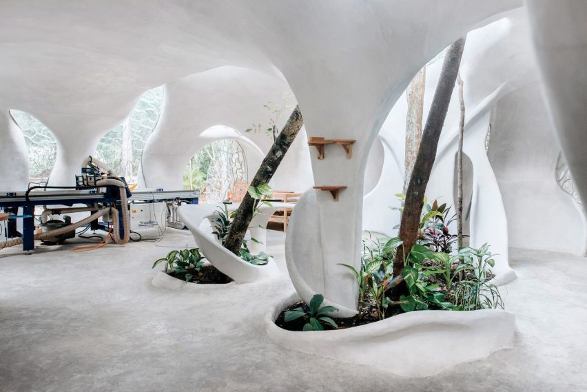An organic, white interior with planting beds