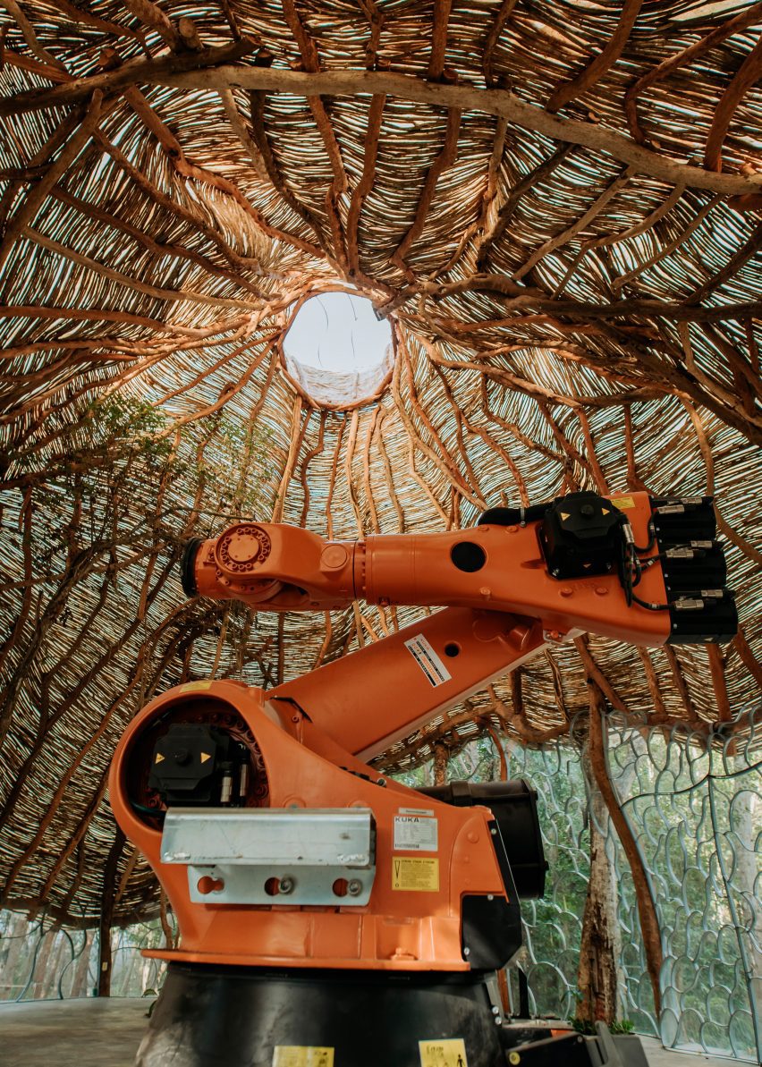 Um robô debaixo de uma cúpula feita de gravetos