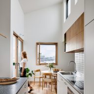 Kitchen at the Ferrars and York apartment building with white walls and wooden flooring