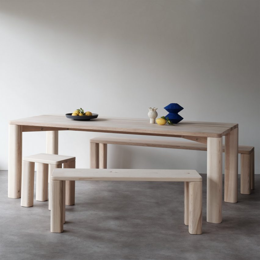 Wooden dining table, benches and stools by Goldfinger and the Tate Modern