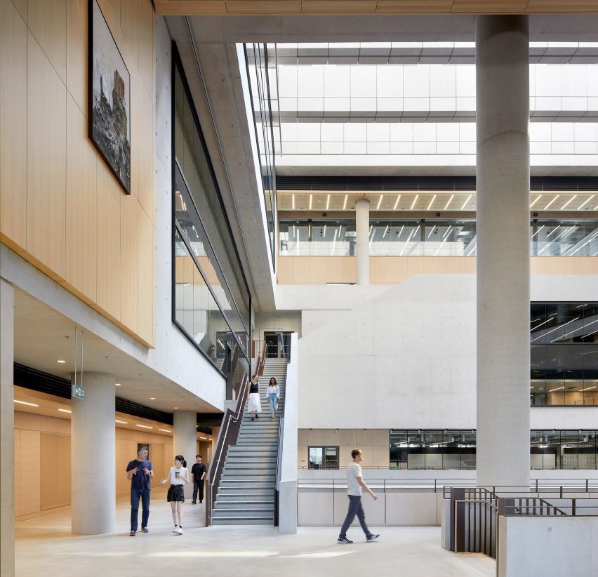 Interior of a concrete and timber academic building by Stanton Williams