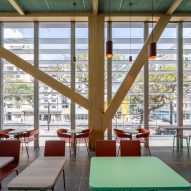 Mass timber columns and seating at the Sao Paulo McDonald's