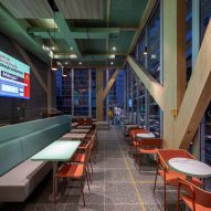 Mass timber columns and seating at the McDonald's in Sao Paulo