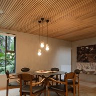 Dining room interior with timber ceiling